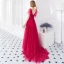 Chic / Beautiful Burgundy Evening Dresses  2018 A-Line / Princess V-Neck Short Sleeve Appliques Lace Beading Court Train Ruffle Backless Formal Dresses