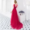 Chic / Beautiful Burgundy Evening Dresses  2018 A-Line / Princess V-Neck Short Sleeve Appliques Lace Beading Court Train Ruffle Backless Formal Dresses