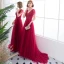 Chic / Beautiful Burgundy Evening Dresses  2018 A-Line / Princess V-Neck Short Sleeve Appliques Lace Beading Court Train Ruffle Backless Formal Dresses