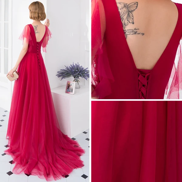 Chic / Beautiful Burgundy Evening Dresses 2018 A-Line / Princess V-Neck Short Sleeve Appliques Lace Beading Court Train Ruffle Backless Formal Dresses