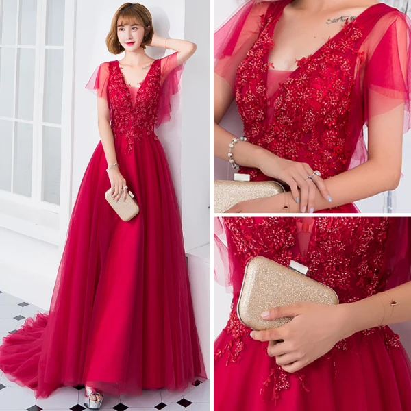 Chic / Beautiful Burgundy Evening Dresses 2018 A-Line / Princess V-Neck Short Sleeve Appliques Lace Beading Court Train Ruffle Backless Formal Dresses