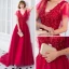 Chic / Beautiful Burgundy Evening Dresses  2018 A-Line / Princess V-Neck Short Sleeve Appliques Lace Beading Court Train Ruffle Backless Formal Dresses