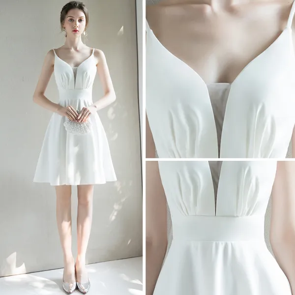 Affordable White Homecoming Graduation Dresses 2018 A Line Princess Sleeveless Spaghetti Straps Short Ruffle Backless Formal Dresses