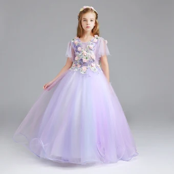 Chic Belle Lavande Robe Ceremonie Fille 2017 Robe Boule Encolure Dégagée Manches Courtes Appliques Fleur Perle Faux Diamant Longue Volants Robe Pour Mariage