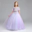 Chic / Belle Lavande Robe Ceremonie Fille 2017 Robe Boule Encolure Dégagée Manches Courtes Appliques Fleur Perle Faux Diamant Longue Volants Robe Pour Mariage
