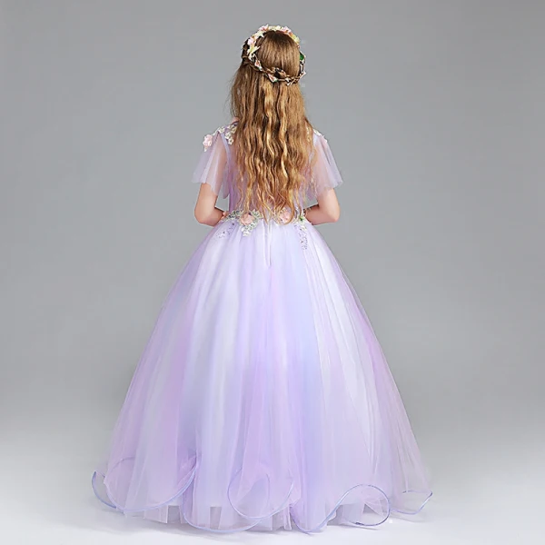 Chic / Belle Lavande Robe Ceremonie Fille 2017 Robe Boule Encolure Dégagée Manches Courtes Appliques Fleur Perle Faux Diamant Longue Volants Robe Pour Mariage