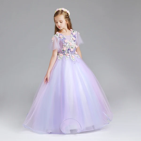 Chic / Belle Lavande Robe Ceremonie Fille 2017 Robe Boule Encolure Dégagée Manches Courtes Appliques Fleur Perle Faux Diamant Longue Volants Robe Pour Mariage