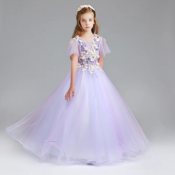 Chic / Belle Lavande Robe Ceremonie Fille 2017 Robe Boule Encolure Dégagée Manches Courtes Appliques Fleur Perle Faux Diamant Longue Volants Robe Pour Mariage