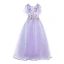 Chic / Belle Lavande Robe Ceremonie Fille 2017 Robe Boule Encolure Dégagée Manches Courtes Appliques Fleur Perle Faux Diamant Longue Volants Robe Pour Mariage