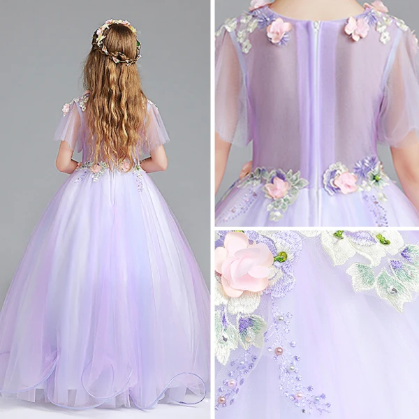 Chic / Belle Lavande Robe Ceremonie Fille 2017 Robe Boule Encolure Dégagée Manches Courtes Appliques Fleur Perle Faux Diamant Longue Volants Robe Pour Mariage