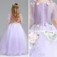 Chic / Belle Lavande Robe Ceremonie Fille 2017 Robe Boule Encolure Dégagée Manches Courtes Appliques Fleur Perle Faux Diamant Longue Volants Robe Pour Mariage