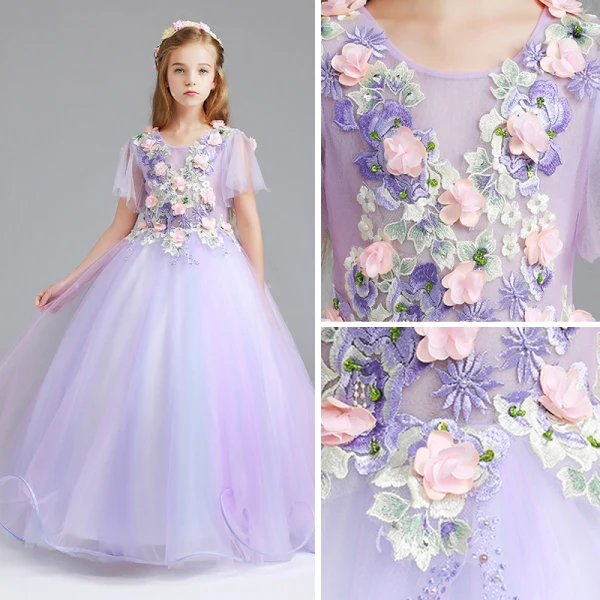 Chic / Belle Lavande Robe Ceremonie Fille 2017 Robe Boule Encolure Dégagée Manches Courtes Appliques Fleur Perle Faux Diamant Longue Volants Robe Pour Mariage