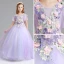 Chic / Belle Lavande Robe Ceremonie Fille 2017 Robe Boule Encolure Dégagée Manches Courtes Appliques Fleur Perle Faux Diamant Longue Volants Robe Pour Mariage