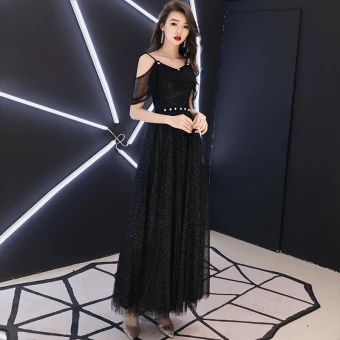 Bling Bling Black Evening Dresses 2018 A Line Princess Spaghetti Straps Short Sleeve Glitter Tulle Ankle Length Ruffle Backless Formal Dresses