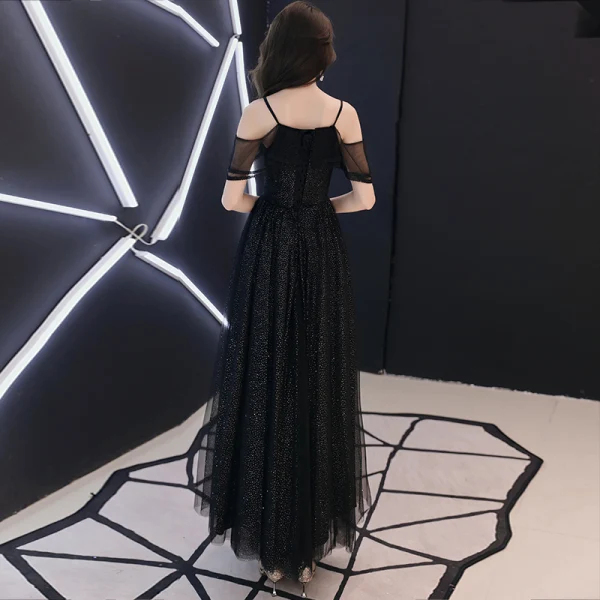 Bling Bling Black Evening Dresses 2018 A-Line / Princess Spaghetti Straps Short Sleeve Glitter Tulle Ankle Length Ruffle Backless Formal Dresses Bling Bling Black Evening Dresses 2018 A-Line / Princess Spaghetti Straps Short Sleeve Glitter Tulle Ankle Length Ruffle Backless Formal Dresses