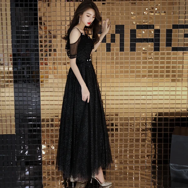 Bling Bling Black Evening Dresses 2018 A-Line / Princess Spaghetti Straps Short Sleeve Glitter Tulle Ankle Length Ruffle Backless Formal Dresses Bling Bling Black Evening Dresses 2018 A-Line / Princess Spaghetti Straps Short Sleeve Glitter Tulle Ankle Length Ruffle Backless Formal Dresses