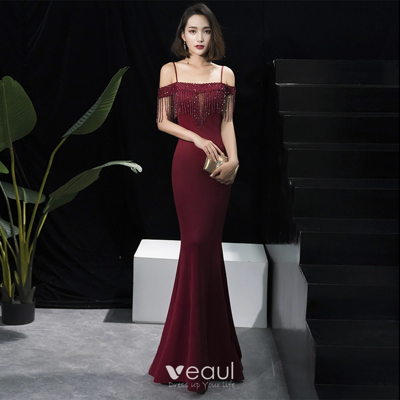 Elegant Burgundy Evening Dresses 2018 Trumpet Mermaid Short Sleeve Spaghetti Straps Beading Tassel Floor Length Long Ruffle Backless Formal Dresses
