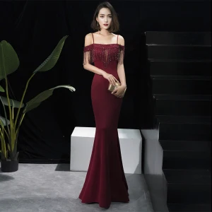 Elegant Burgundy Evening Dresses 2018 Trumpet Mermaid Short Sleeve Spaghetti Straps Beading Tassel Floor Length Long Ruffle Backless Formal Dresses
