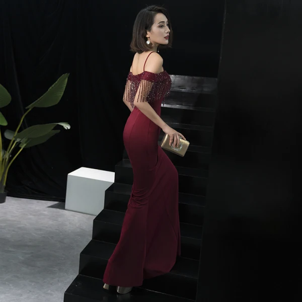 Elegant Burgundy Evening Dresses 2018 Trumpet / Mermaid Short Sleeve Spaghetti Straps Beading Tassel Floor-Length / Long Ruffle Backless Formal Dresses