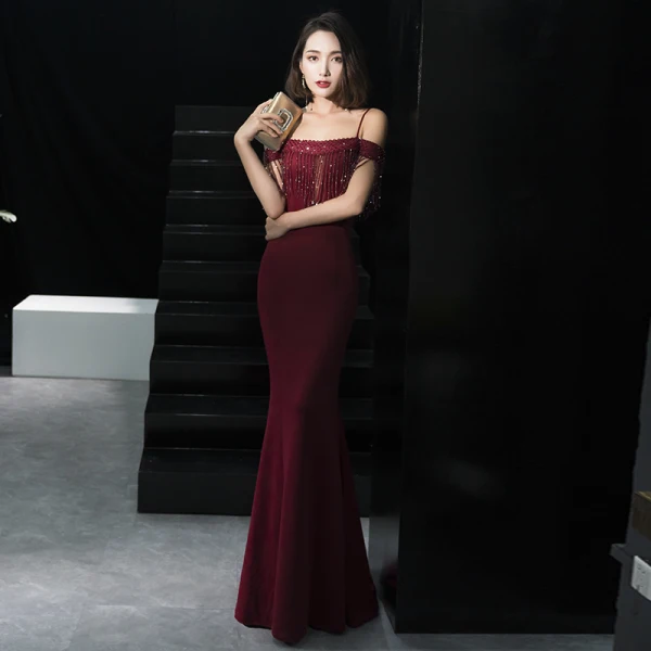 Elegant Burgundy Evening Dresses 2018 Trumpet / Mermaid Short Sleeve Spaghetti Straps Beading Tassel Floor-Length / Long Ruffle Backless Formal Dresses