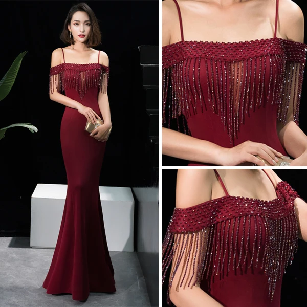 Elegant Burgundy Evening Dresses 2018 Trumpet / Mermaid Short Sleeve Spaghetti Straps Beading Tassel Floor-Length / Long Ruffle Backless Formal Dresses