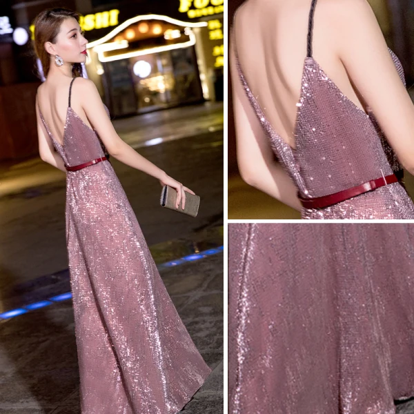 Bling Bling Cukierki Różowy Cekiny Sukienki Wieczorowe 2018 Princessa Bez Rękawów Spaghetti Pasy Rhinestone Szarfa Długie Wzburzyć Bez Pleców Sukienki Wizytowe