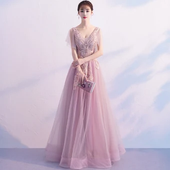 Moderne Mode Rougissant Rose Robe De Soirée 2019 Princesse V Cou Sans Manches Appliques En Dentelle Perle Perlage Tribunal Train Volants Dos Nu Robe De Ceremonie