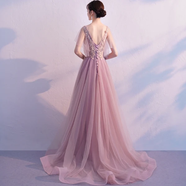Modern / Fashion Blushing Pink Evening Dresses 2019 A-Line / Princess V-Neck Sleeveless Appliques Lace Pearl Beading Court Train Ruffle Backless Formal Dresses