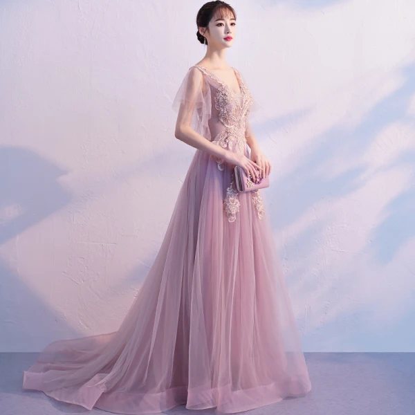 Modern / Fashion Blushing Pink Evening Dresses 2019 A-Line / Princess V-Neck Sleeveless Appliques Lace Pearl Beading Court Train Ruffle Backless Formal Dresses