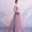 Modern / Fashion Blushing Pink Evening Dresses  2019 A-Line / Princess V-Neck Sleeveless Appliques Lace Pearl Beading Court Train Ruffle Backless Formal Dresses