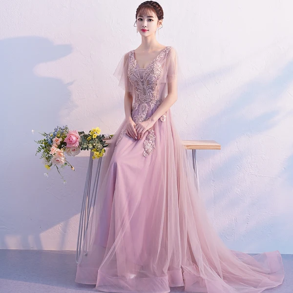 Modern / Fashion Blushing Pink Evening Dresses 2019 A-Line / Princess V-Neck Sleeveless Appliques Lace Pearl Beading Court Train Ruffle Backless Formal Dresses