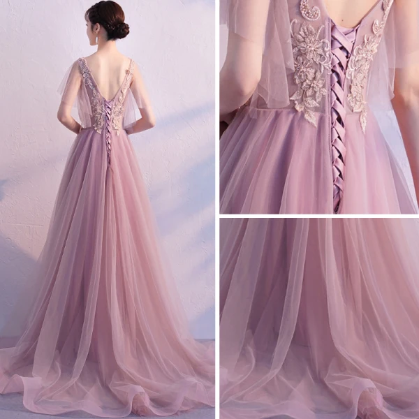Modern / Fashion Blushing Pink Evening Dresses 2019 A-Line / Princess V-Neck Sleeveless Appliques Lace Pearl Beading Court Train Ruffle Backless Formal Dresses
