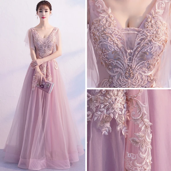 Modern / Fashion Blushing Pink Evening Dresses 2019 A-Line / Princess V-Neck Sleeveless Appliques Lace Pearl Beading Court Train Ruffle Backless Formal Dresses