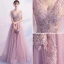 Modern / Fashion Blushing Pink Evening Dresses  2019 A-Line / Princess V-Neck Sleeveless Appliques Lace Pearl Beading Court Train Ruffle Backless Formal Dresses