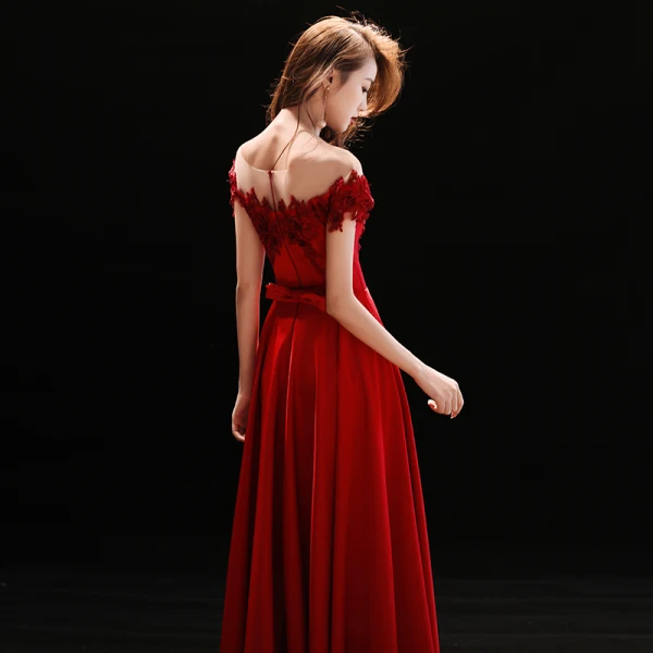 Affordable Burgundy Evening Dresses 2018 A-Line / Princess See-through Scoop Neck Short Sleeve Appliques Lace Floor-Length / Long Ruffle Formal Dresses