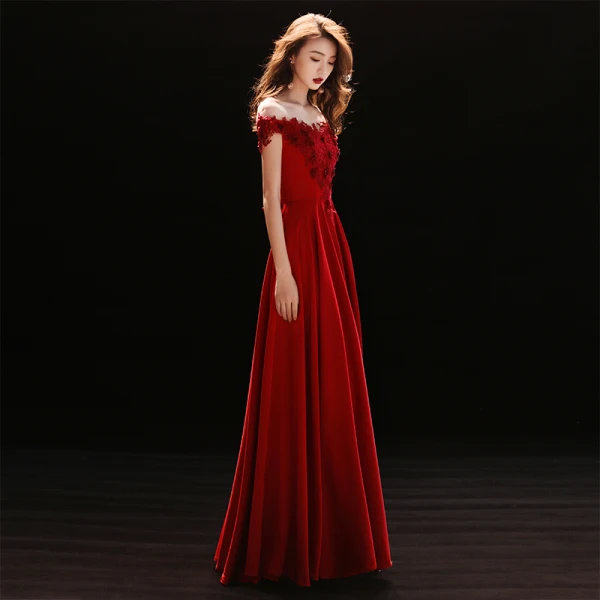 Affordable Burgundy Evening Dresses 2018 A-Line / Princess See-through Scoop Neck Short Sleeve Appliques Lace Floor-Length / Long Ruffle Formal Dresses