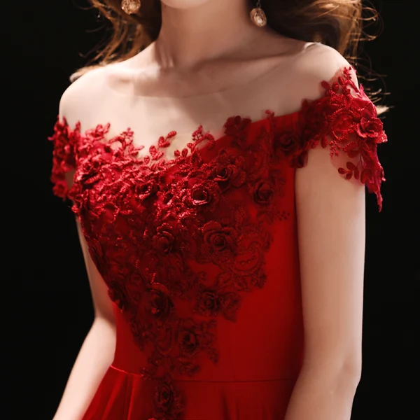 Affordable Burgundy Evening Dresses 2018 A-Line / Princess See-through Scoop Neck Short Sleeve Appliques Lace Floor-Length / Long Ruffle Formal Dresses
