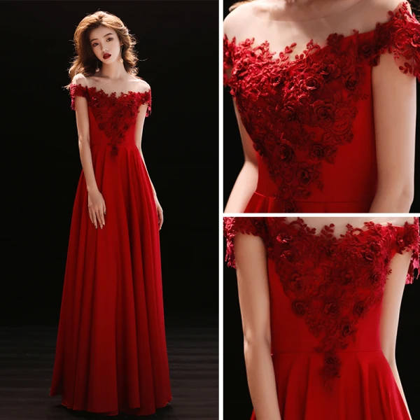 Affordable Burgundy Evening Dresses 2018 A-Line / Princess See-through Scoop Neck Short Sleeve Appliques Lace Floor-Length / Long Ruffle Formal Dresses