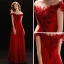 Affordable Burgundy Evening Dresses  2018 A-Line / Princess See-through Scoop Neck Short Sleeve Appliques Lace Floor-Length / Long Ruffle Formal Dresses