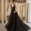 Sexy Noire Robe De Soirée 2018 Princesse V-Cou Sans Manches Appliques En Dentelle Noeud Tribunal Train Volants Dos Nu Robe De Ceremonie