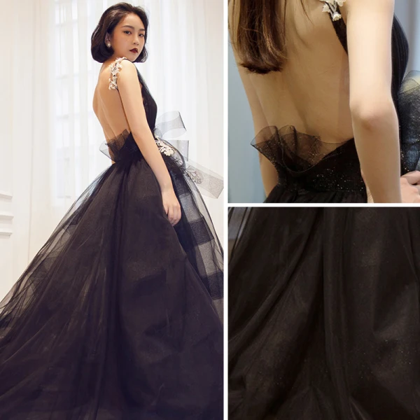 Sexy Noire Robe De Soirée 2018 Princesse V-Cou Sans Manches Appliques En Dentelle Noeud Tribunal Train Volants Dos Nu Robe De Ceremonie
