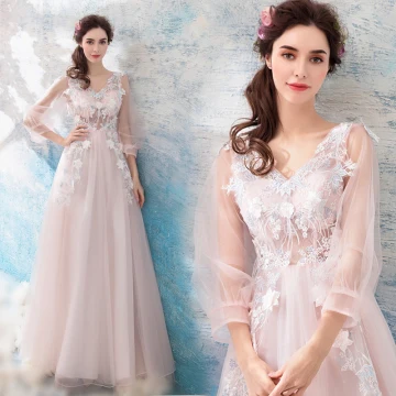 Romantic Blushing Pink Evening Dresses 2019 A Line Princess V Neck Puffy 3 4 Sleeve Appliques Lace Feather Floor Length Long Ruffle Backless Formal Dresses