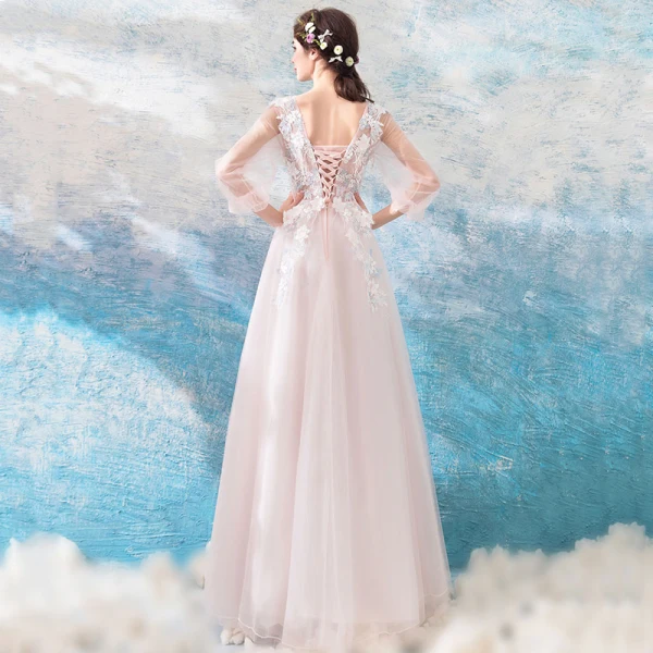 Romantic Blushing Pink Evening Dresses 2019 A-Line / Princess V-Neck Puffy 3/4 Sleeve Appliques Lace Feather Floor-Length / Long Ruffle Backless Formal Dresses