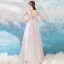 Romantic Blushing Pink Evening Dresses  2019 A-Line / Princess V-Neck Puffy 3/4 Sleeve Appliques Lace Feather Floor-Length / Long Ruffle Backless Formal Dresses