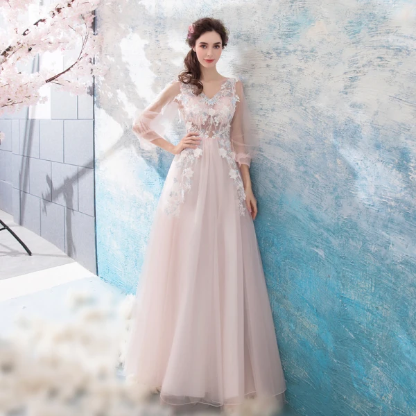 Romantic Blushing Pink Evening Dresses 2019 A-Line / Princess V-Neck Puffy 3/4 Sleeve Appliques Lace Feather Floor-Length / Long Ruffle Backless Formal Dresses