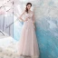 Romantic Blushing Pink Evening Dresses  2019 A-Line / Princess V-Neck Puffy 3/4 Sleeve Appliques Lace Feather Floor-Length / Long Ruffle Backless Formal Dresses
