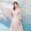Romantic Blushing Pink Evening Dresses  2019 A-Line / Princess V-Neck Puffy 3/4 Sleeve Appliques Lace Feather Floor-Length / Long Ruffle Backless Formal Dresses