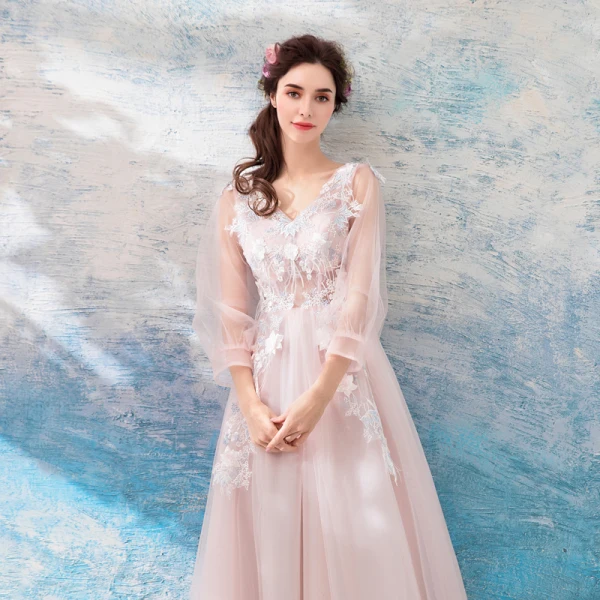 Romantic Blushing Pink Evening Dresses 2019 A-Line / Princess V-Neck Puffy 3/4 Sleeve Appliques Lace Feather Floor-Length / Long Ruffle Backless Formal Dresses