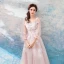 Romantic Blushing Pink Evening Dresses  2019 A-Line / Princess V-Neck Puffy 3/4 Sleeve Appliques Lace Feather Floor-Length / Long Ruffle Backless Formal Dresses
