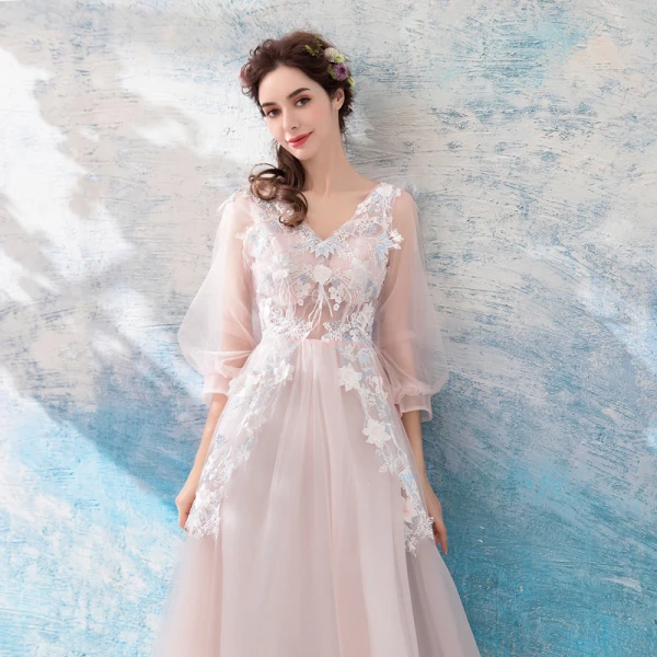 Romantic Blushing Pink Evening Dresses 2019 A-Line / Princess V-Neck Puffy 3/4 Sleeve Appliques Lace Feather Floor-Length / Long Ruffle Backless Formal Dresses